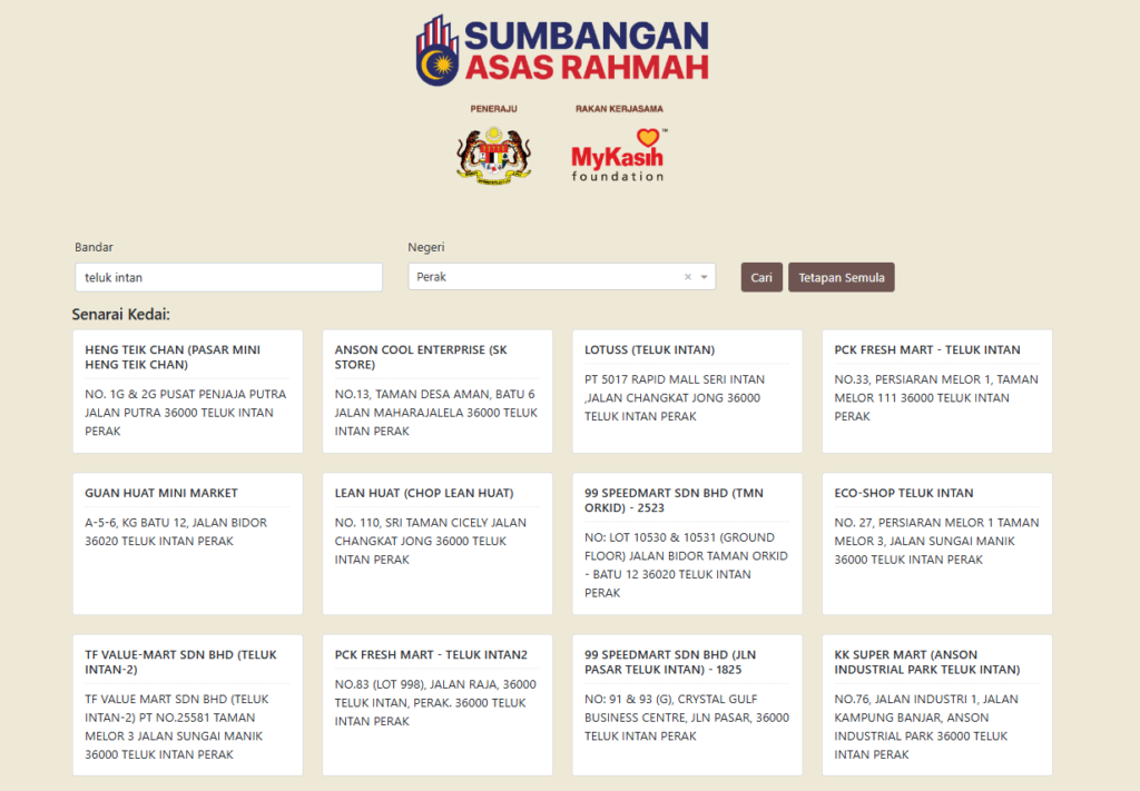 list kedai mykasih perak teluk intan