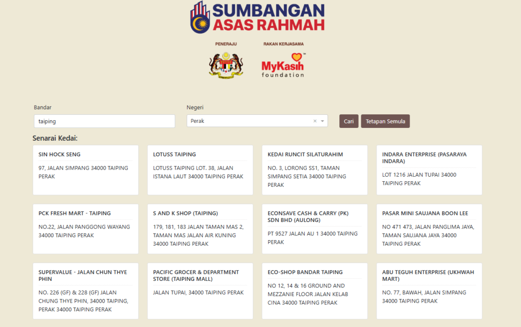 list kedai mykasih perak taiping