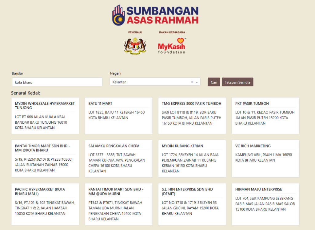 senarai kedai mykasih NEGERI kelantan kota bharu