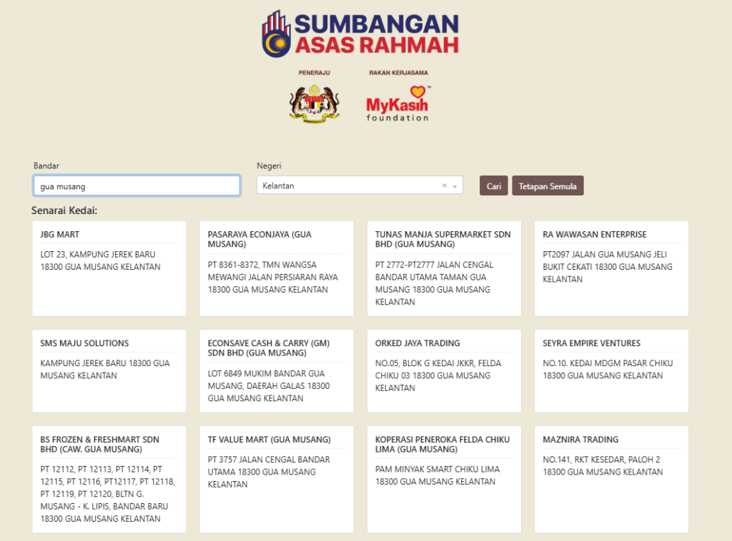 senarai kedai mykasih kelantan gua musang