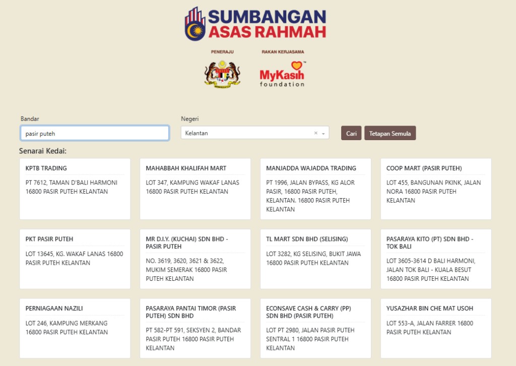 senarai kedai mykasih negeri kelantan pasir puteh