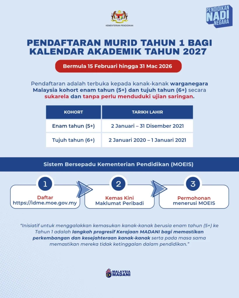 pendaftaran murid tahun 1 2027